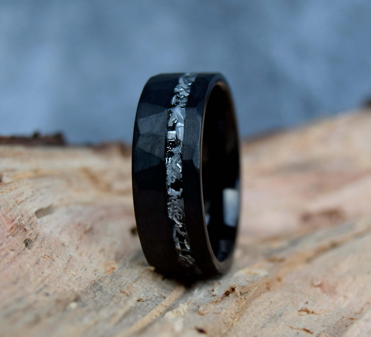 Black Hammered Finished Meteorite Shaving Inlay Tungsten Ring-Mens Tungsten Carbide Ring-The Great Arctic