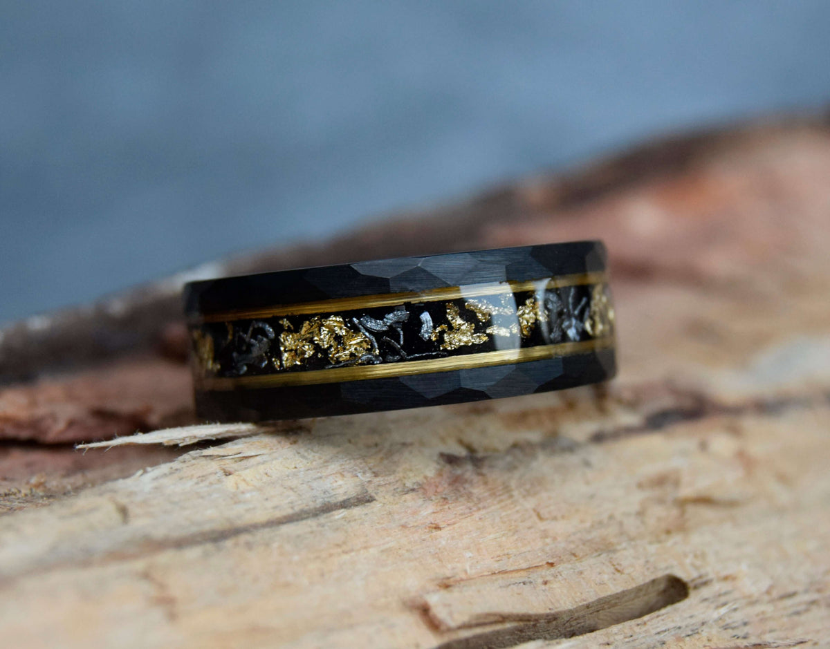 Crushed Meteorite & Gold Leaf flakes Tungsten Ring-Mens Tungsten Carbide Ring-The Great Arctic