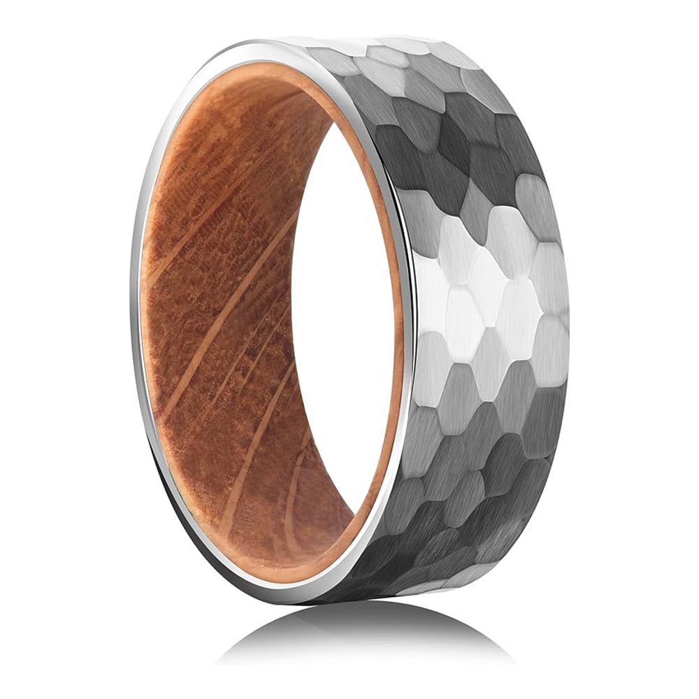 Whiskey Barrel Wood Inlaid Hammered Silver Tungsten Ring-Mens Tungsten Carbide Ring-The Great Arctic