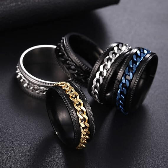 Black Titanium Steel With Fidget Chain Spinner Anxiety Ring-Mens Titanium Anxiety Rings-The Great Arctic