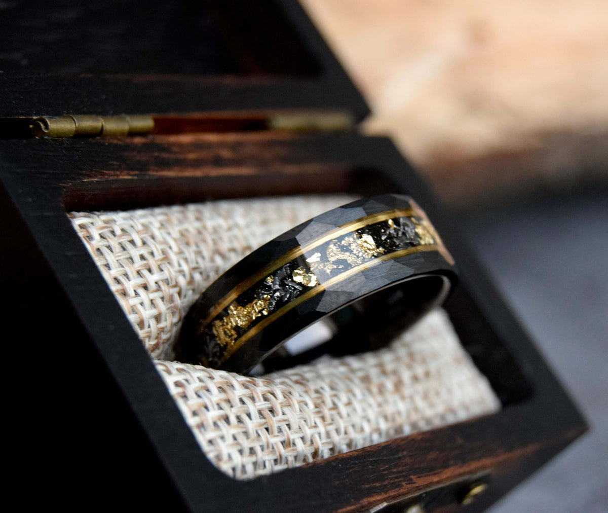 Crushed Meteorite & Gold Leaf flakes Tungsten Ring-Mens Tungsten Carbide Ring-The Great Arctic
