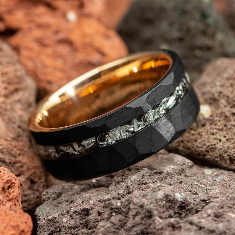 Black & Gold Hammered Meteorite Shaving Inlay Tungsten Ring-Mens Tungsten Carbide Ring-The Great Arctic