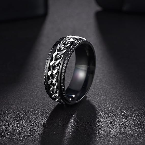 Titanium Steel With Fidget Chain Spinner Black Anxiety Ring-Mens Titanium Anxiety Rings-The Great Arctic