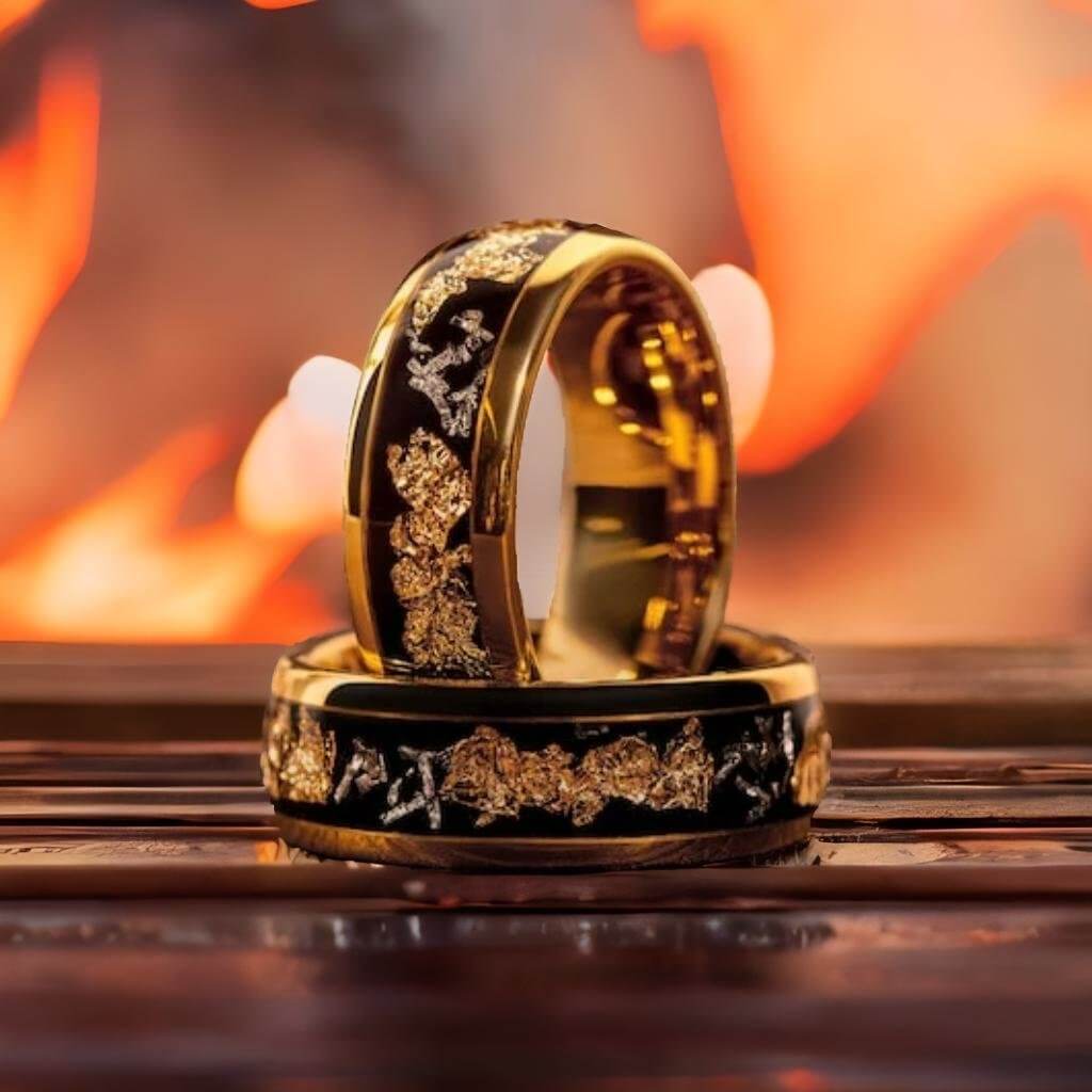 Crushed Meteorite & Gold Leaf flakes Golden Tungsten Ring-Mens Tungsten Carbide Ring-The Great Arctic