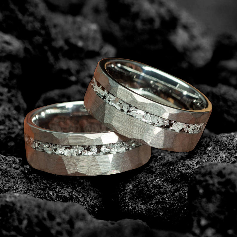Meteorite Shaving Inlay Silver Hammered Tungsten Ring-Mens Tungsten Carbide Ring-The Great Arctic