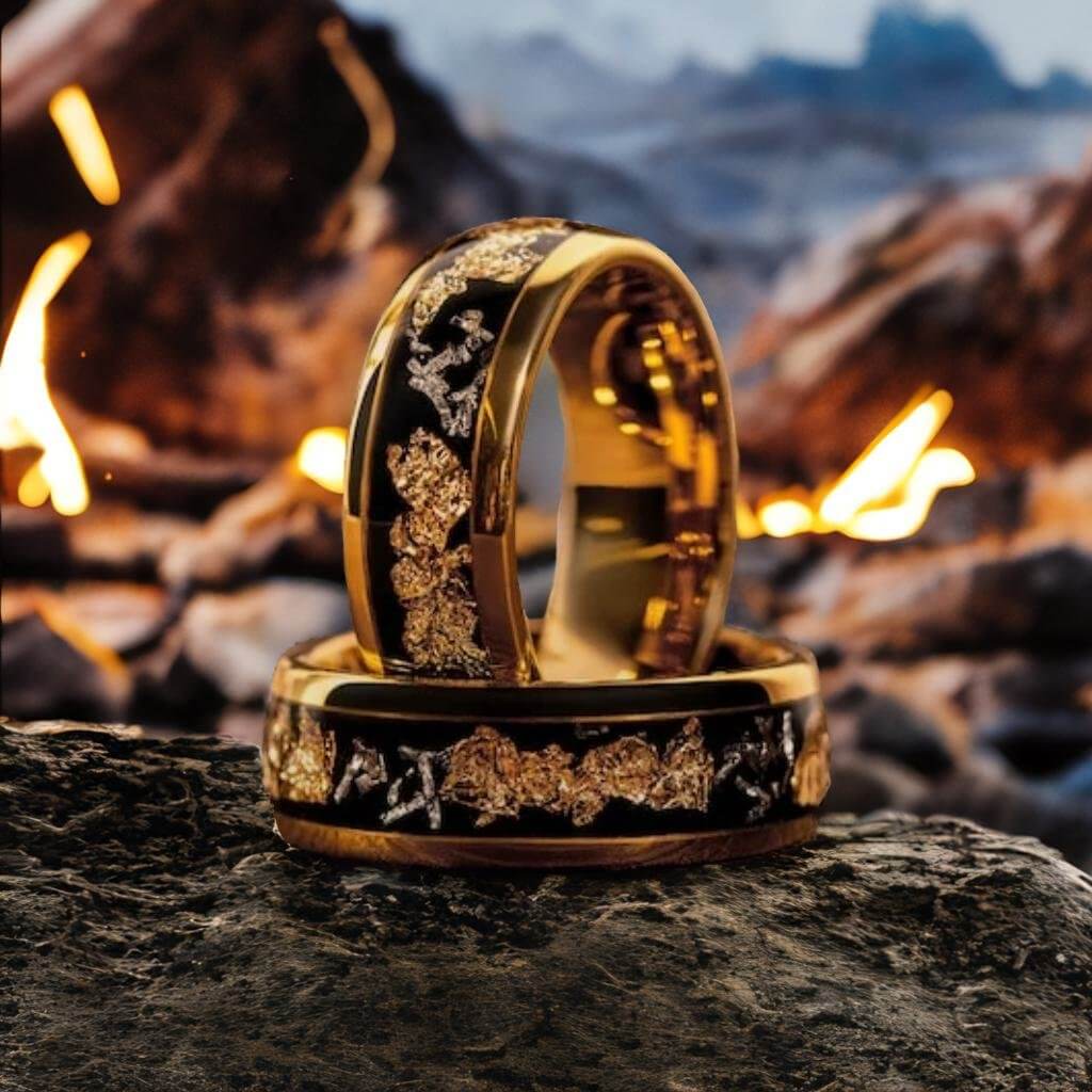 Crushed Meteorite & Gold Leaf flakes Golden Tungsten Ring-Mens Tungsten Carbide Ring-The Great Arctic