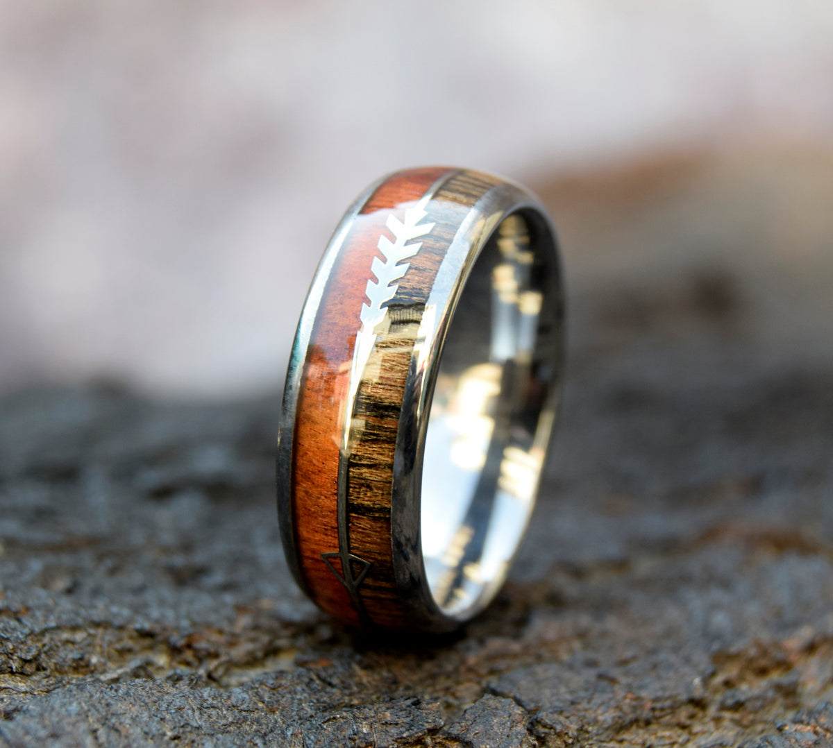 Koa Wood Arrow Inlay Tungsten Ring-Mens Tungsten Carbide Ring-The Great Arctic