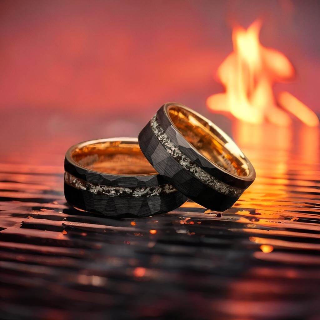 Black & Gold Hammered Meteorite Shaving Inlay Tungsten Ring-Mens Tungsten Carbide Ring-The Great Arctic