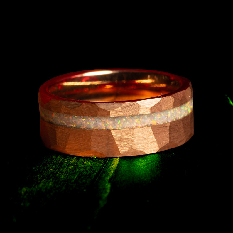 White Fire Opal Hammered Tungsten Ring In Rose Gold-Mens Tungsten Carbide Ring-The Great Arctic