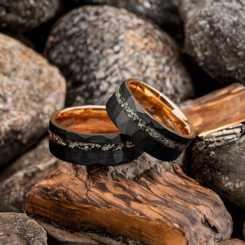 Black & Gold Hammered Meteorite Shaving Inlay Tungsten Ring-Mens Tungsten Carbide Ring-The Great Arctic