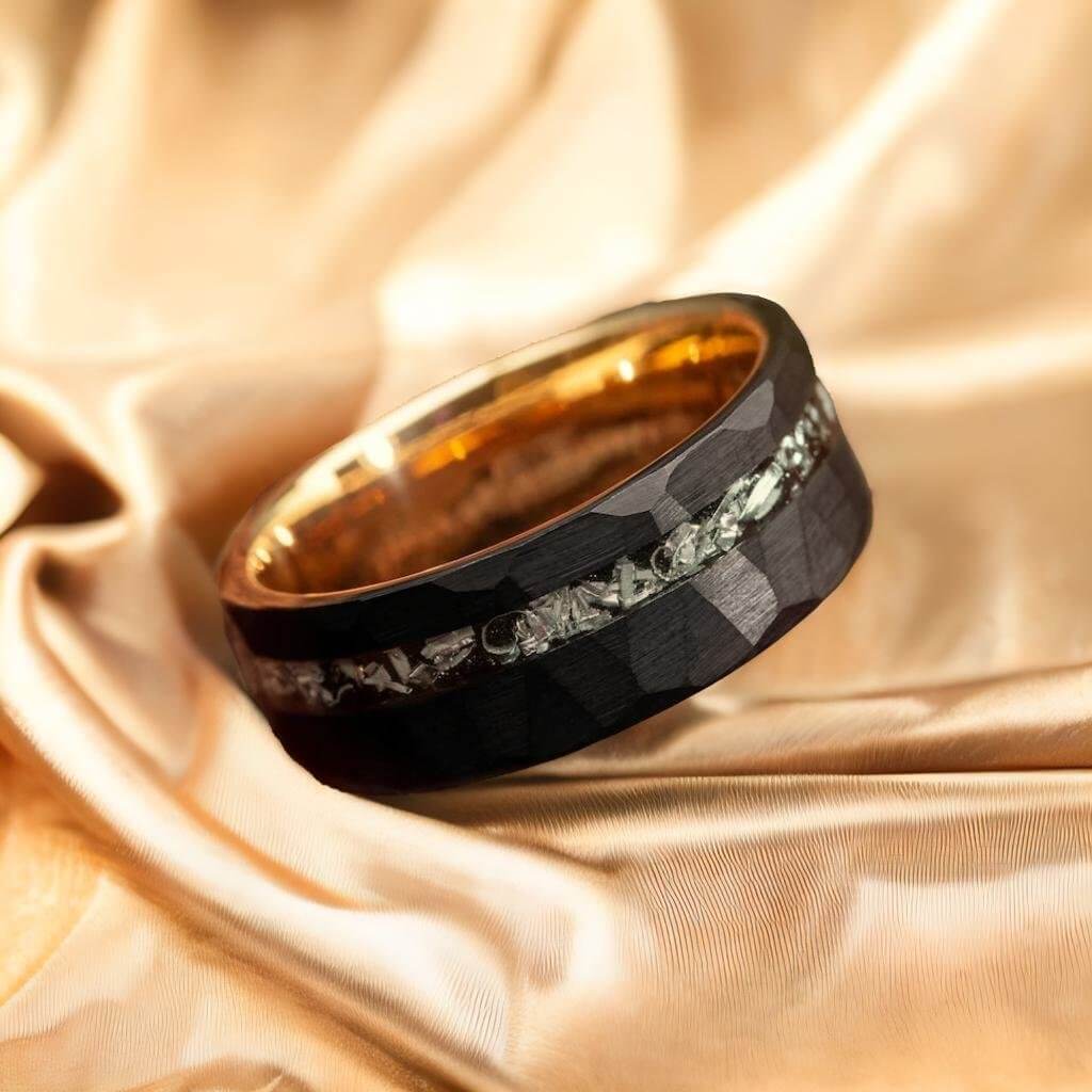 Black & Gold Hammered Meteorite Shaving Inlay Tungsten Ring-Mens Tungsten Carbide Ring-The Great Arctic