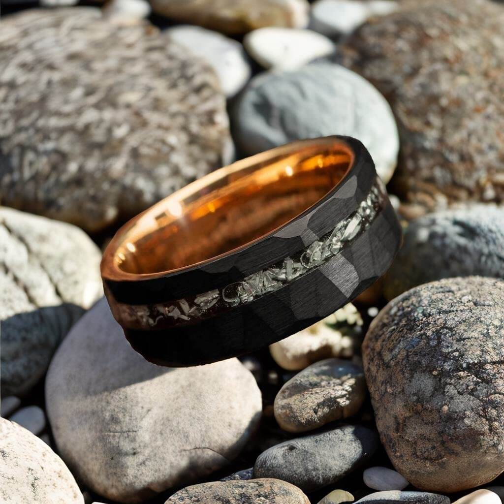 Black & Gold Hammered Meteorite Shaving Inlay Tungsten Ring-Mens Tungsten Carbide Ring-The Great Arctic