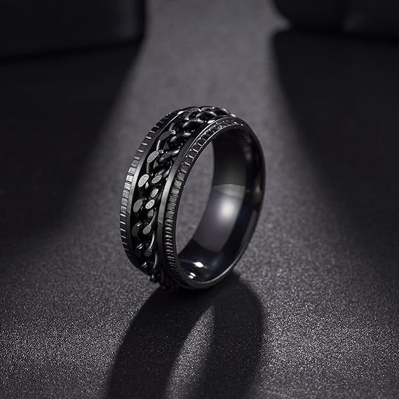 Black Titanium Steel With Fidget Chain Spinner Anxiety Ring-Mens Titanium Anxiety Rings-The Great Arctic