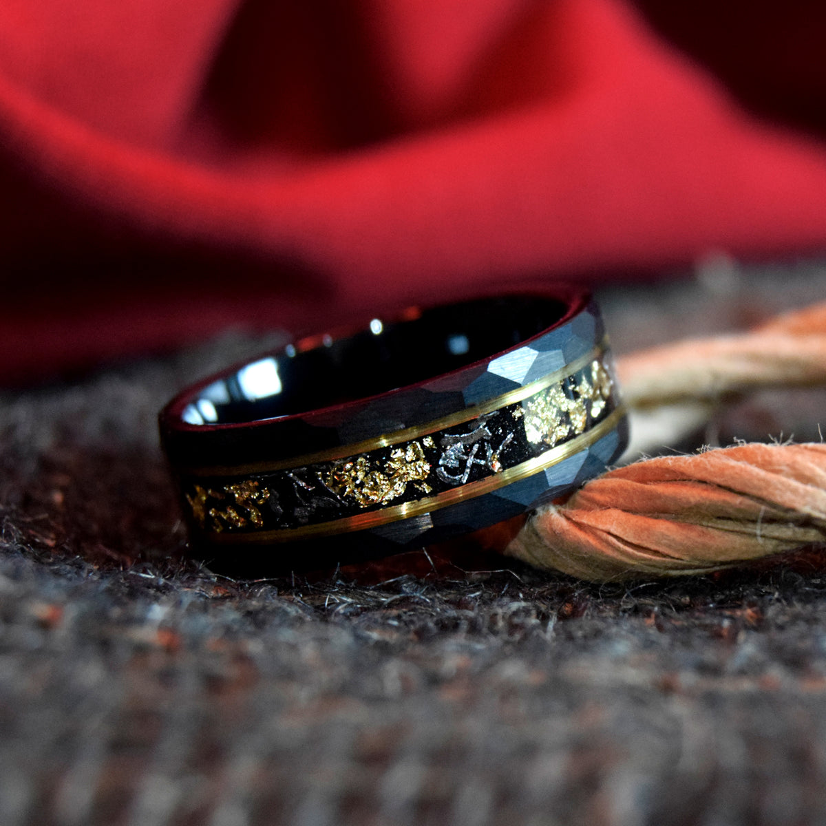 Sandstone Gold Leaf With Meteorite Hammered Finish Tungsten Ring-Mens Tungsten Carbide Ring-The Great Arctic