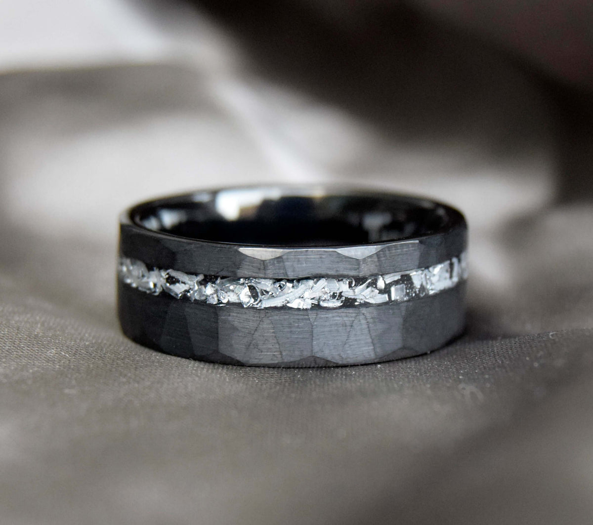 Black Hammered Finished Meteorite Shaving Inlay Tungsten Ring-Mens Tungsten Carbide Ring-The Great Arctic