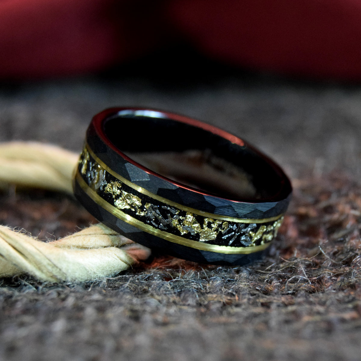 Sandstone Gold Leaf With Meteorite Hammered Finish Tungsten Ring-Mens Tungsten Carbide Ring-The Great Arctic