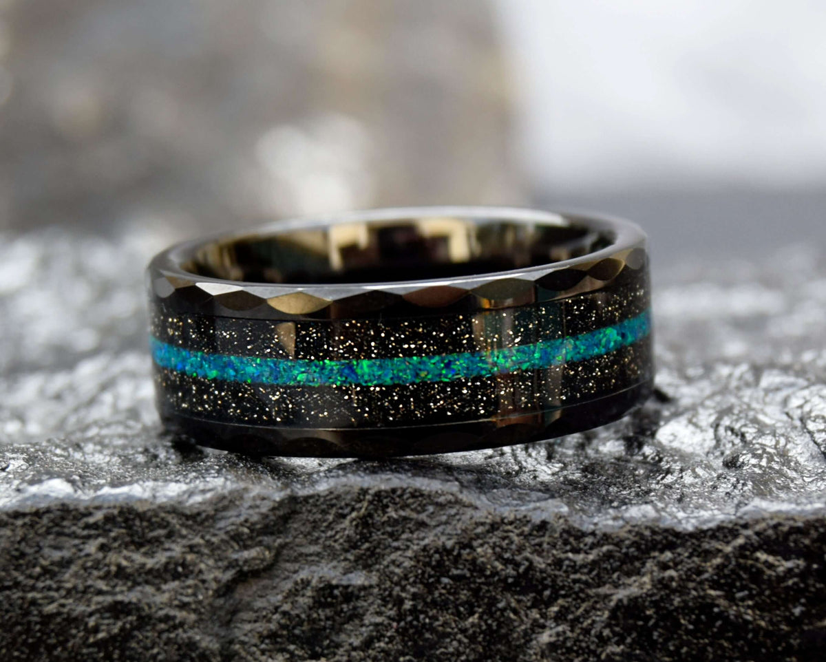 Crushed Green Opal Inlay Tungsten Ring-Mens Tungsten Carbide Ring-The Great Arctic