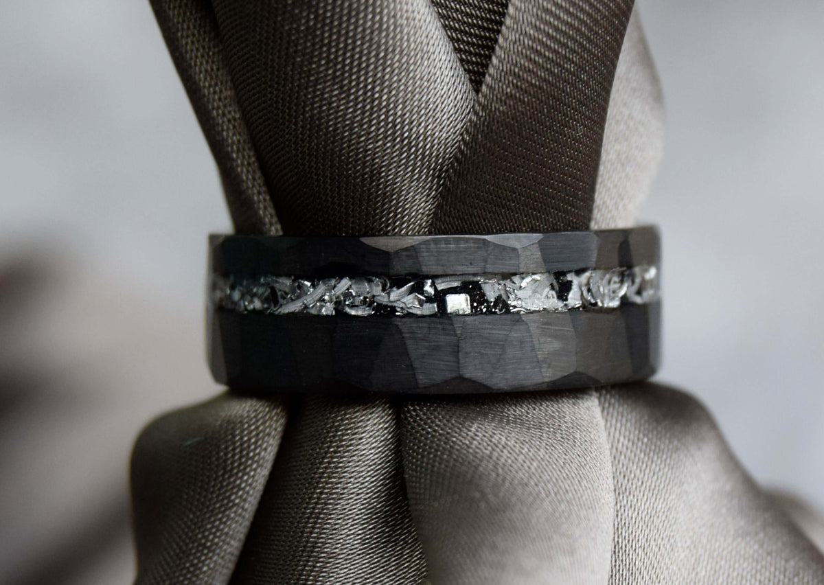 Black Hammered Finished Meteorite Shaving Inlay Tungsten Ring-Mens Tungsten Carbide Ring-The Great Arctic