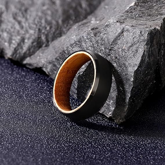 Rosewood Wood Inlaid Beveled Finish Black Tungsten Ring-Mens Tungsten Carbide Ring-The Great Arctic