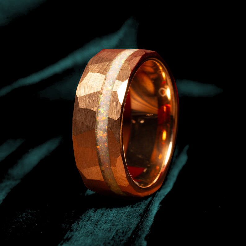 White Fire Opal Hammered Tungsten Ring In Rose Gold-Mens Tungsten Carbide Ring-The Great Arctic