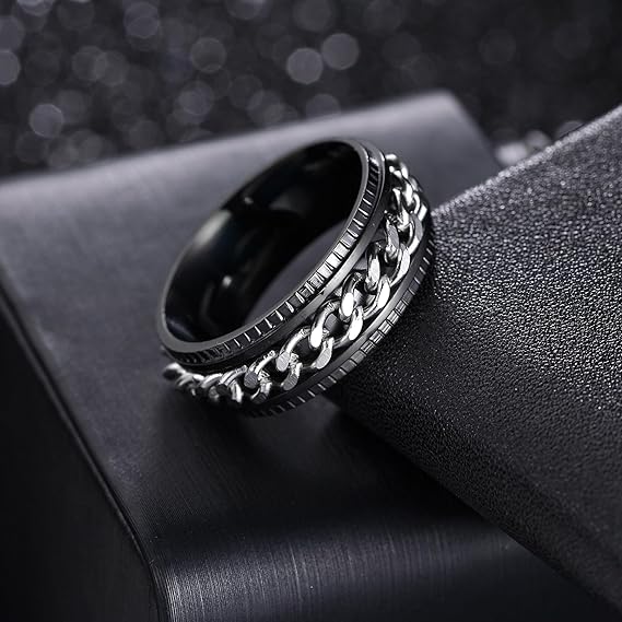 Titanium Steel With Fidget Chain Spinner Black Anxiety Ring-Mens Titanium Anxiety Rings-The Great Arctic