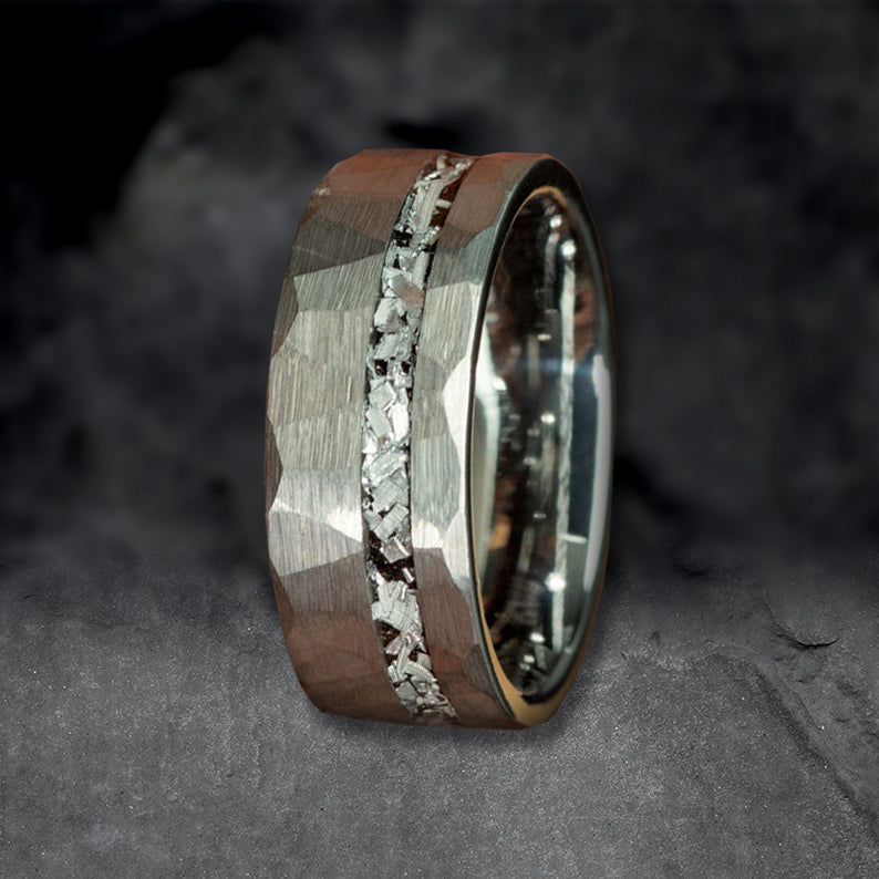 Meteorite Shaving Inlay Silver Hammered Tungsten Ring-Mens Tungsten Carbide Ring-The Great Arctic