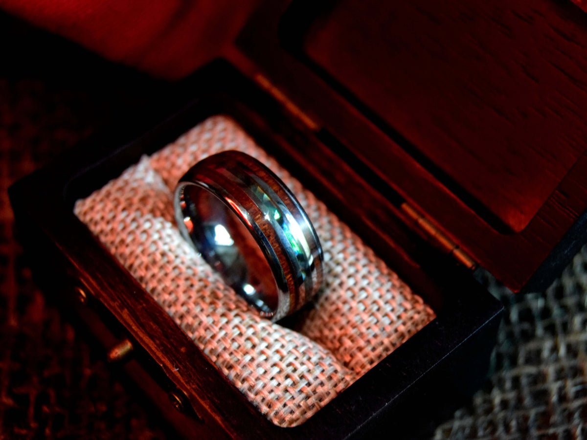 Abalone Shell & Koa Wood Tungsten Ring-Mens Tungsten Carbide Ring-The Great Arctic