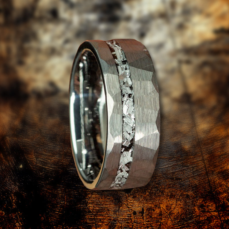 Meteorite Shaving Inlay Silver Hammered Tungsten Ring-Mens Tungsten Carbide Ring-The Great Arctic