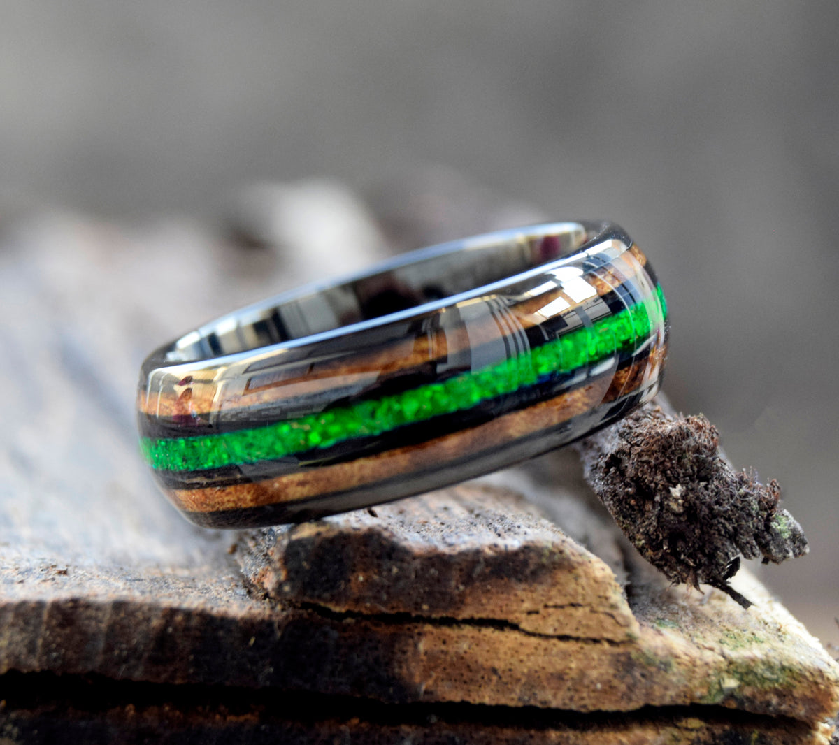 Koa Wood & Crushed Green Opal Tungsten Ring-Mens Tungsten Carbide Ring-The Great Arctic