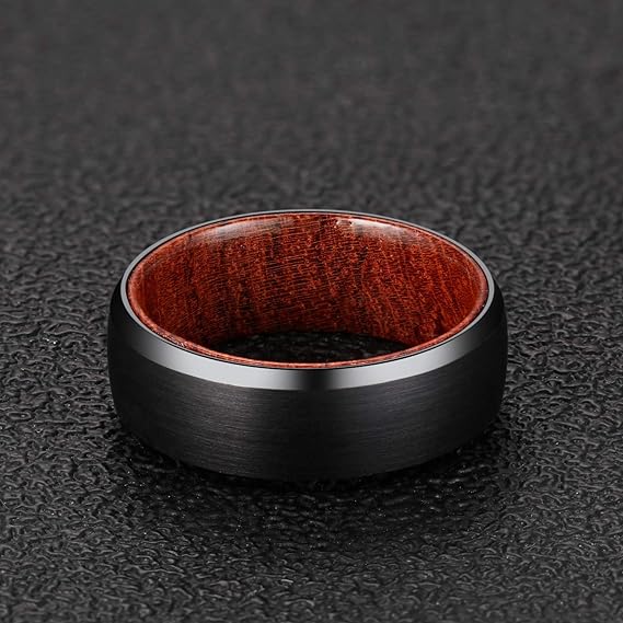 Rosewood Wood Inlaid Beveled Finish Black Tungsten Ring-Mens Tungsten Carbide Ring-The Great Arctic