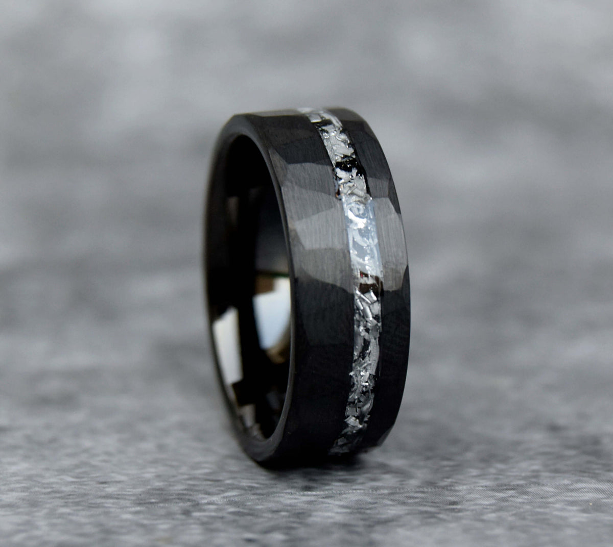 Black Hammered Finished Meteorite Shaving Inlay Tungsten Ring-Mens Tungsten Carbide Ring-The Great Arctic