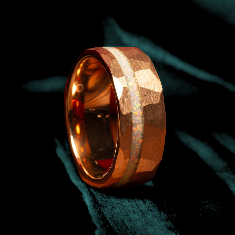 White Fire Opal Hammered Tungsten Ring In Rose Gold-Mens Tungsten Carbide Ring-The Great Arctic