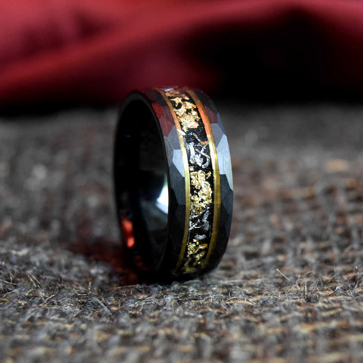 Sandstone Gold Leaf With Meteorite Hammered Finish Tungsten Ring-Mens Tungsten Carbide Ring-The Great Arctic
