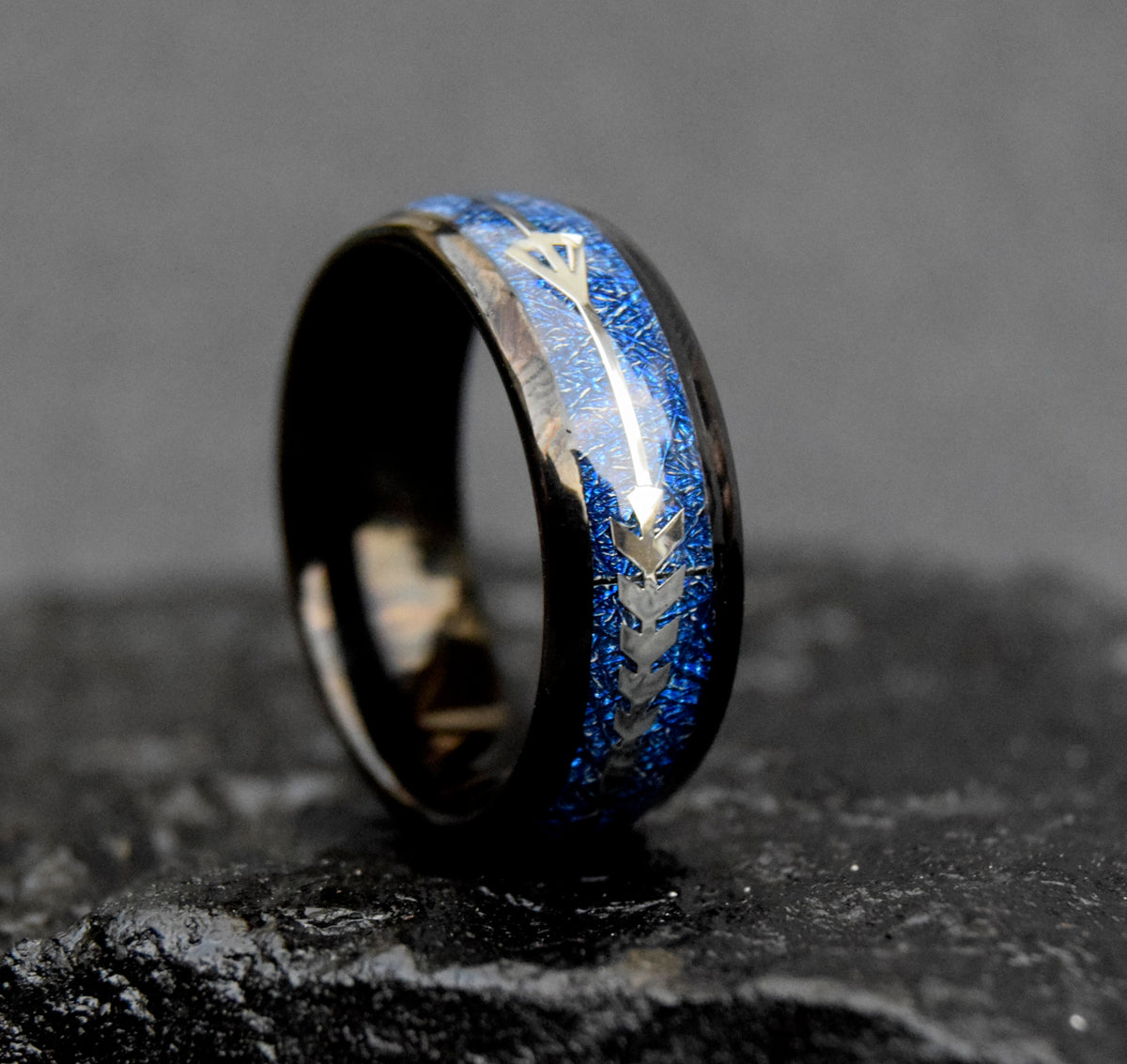 Blue Meteorite Arrow Inlay Tungsten Ring-Mens Tungsten Carbide Ring-The Great Arctic