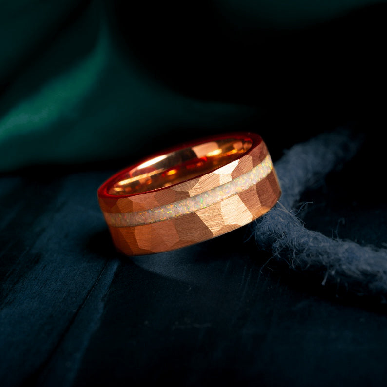 White Fire Opal Hammered Tungsten Ring In Rose Gold-Mens Tungsten Carbide Ring-The Great Arctic