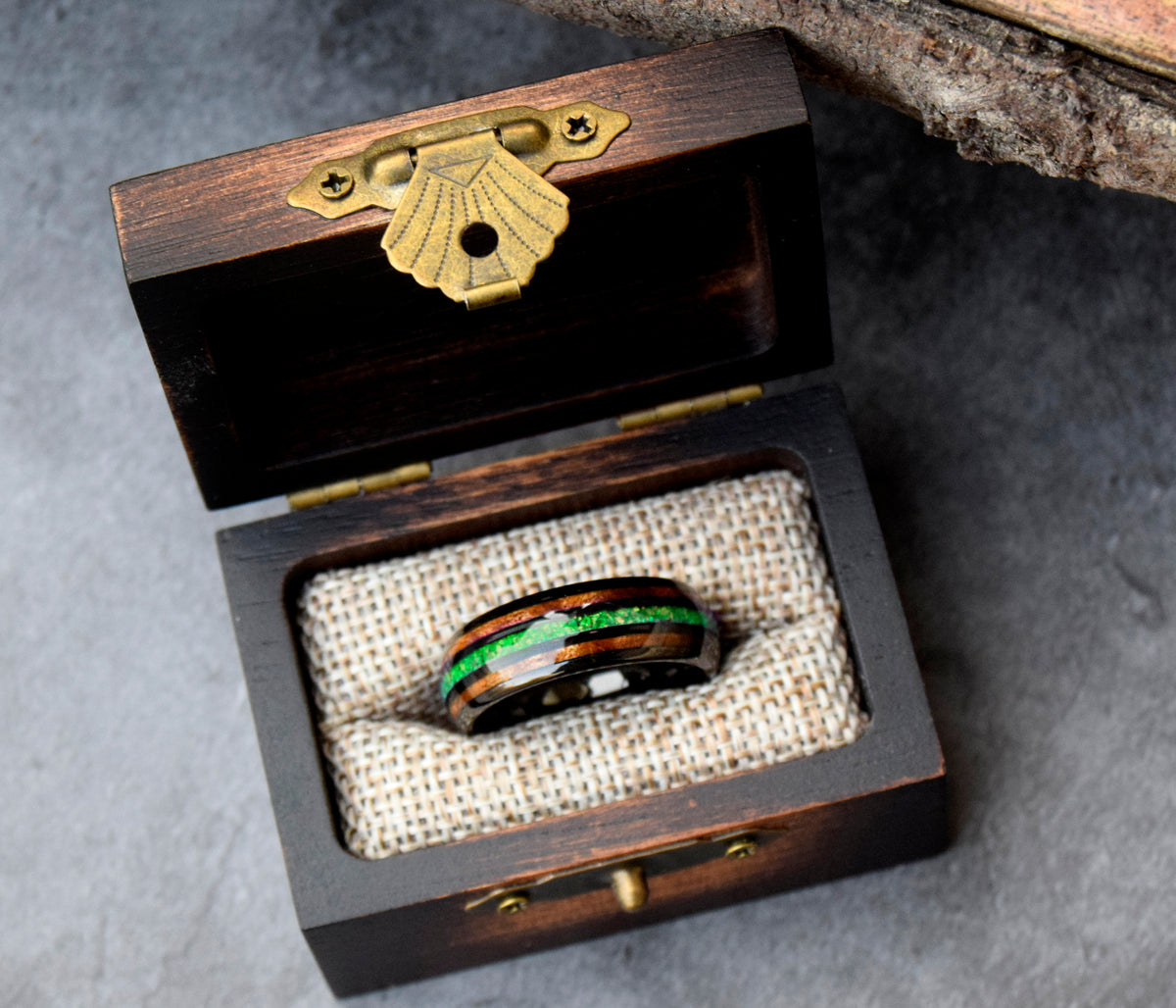 Koa Wood & Crushed Green Opal Tungsten Ring-Mens Tungsten Carbide Ring-The Great Arctic