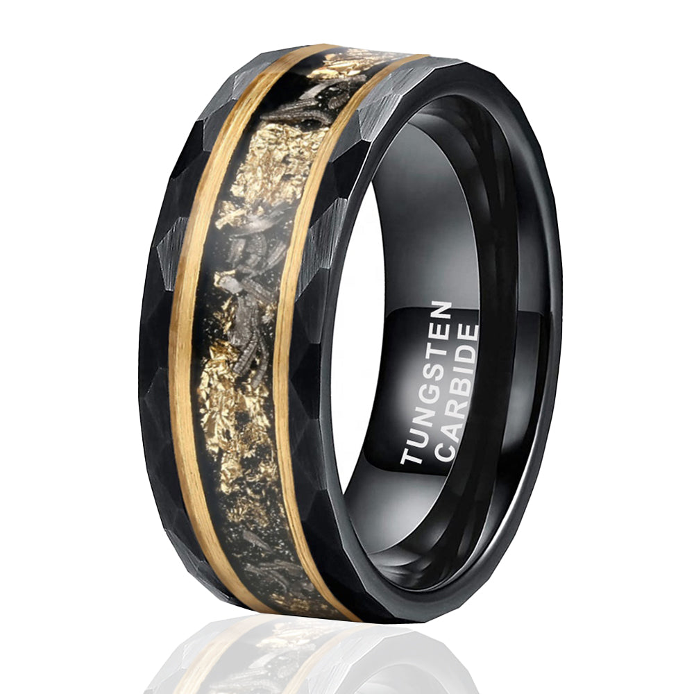TGA Sandstone Gold Leaf With Meteorite Hammered Wedding Ring-Mens Tungsten Carbide Ring-The Great Arctic