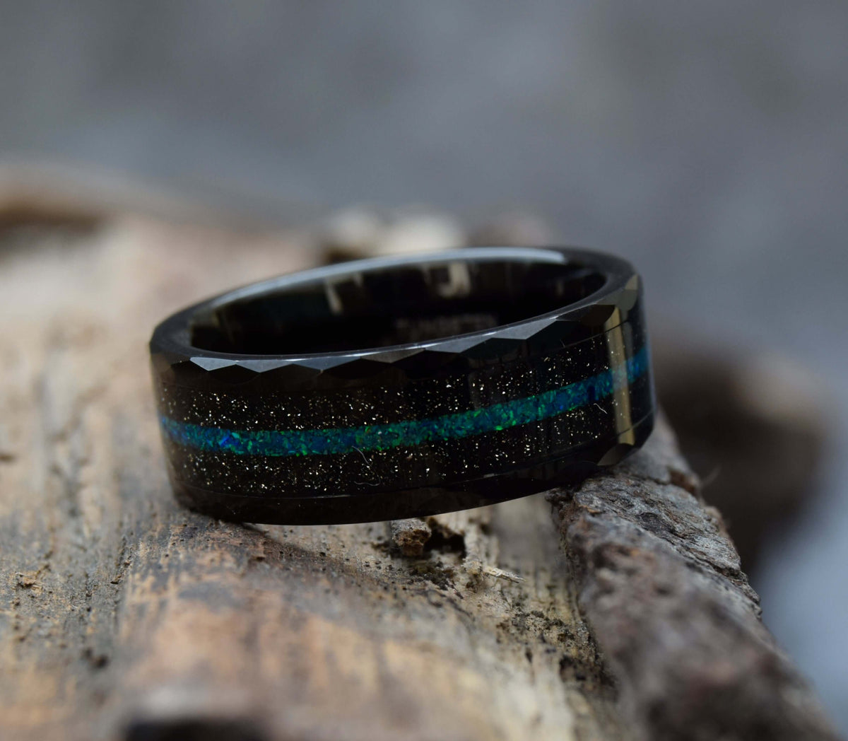Crushed Green Opal Inlay Tungsten Ring-Mens Tungsten Carbide Ring-The Great Arctic