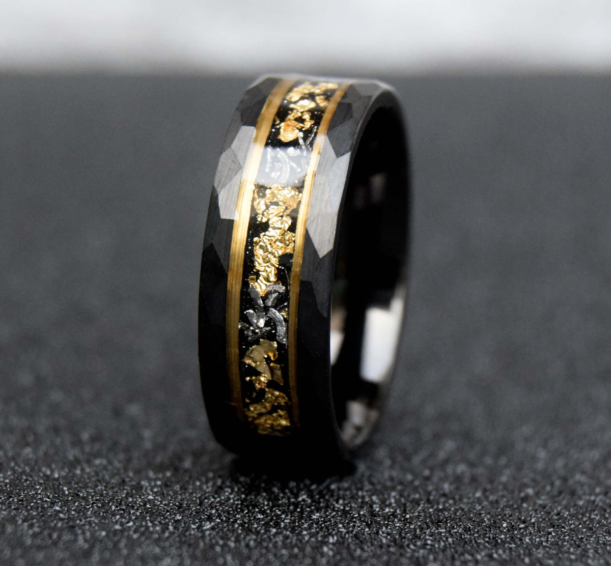 Crushed Meteorite & Gold Leaf flakes Tungsten Ring-Mens Tungsten Carbide Ring-The Great Arctic