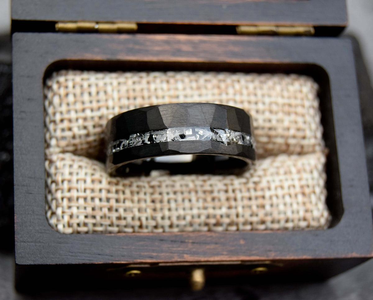 Black Hammered Finished Meteorite Shaving Inlay Tungsten Ring-Mens Tungsten Carbide Ring-The Great Arctic