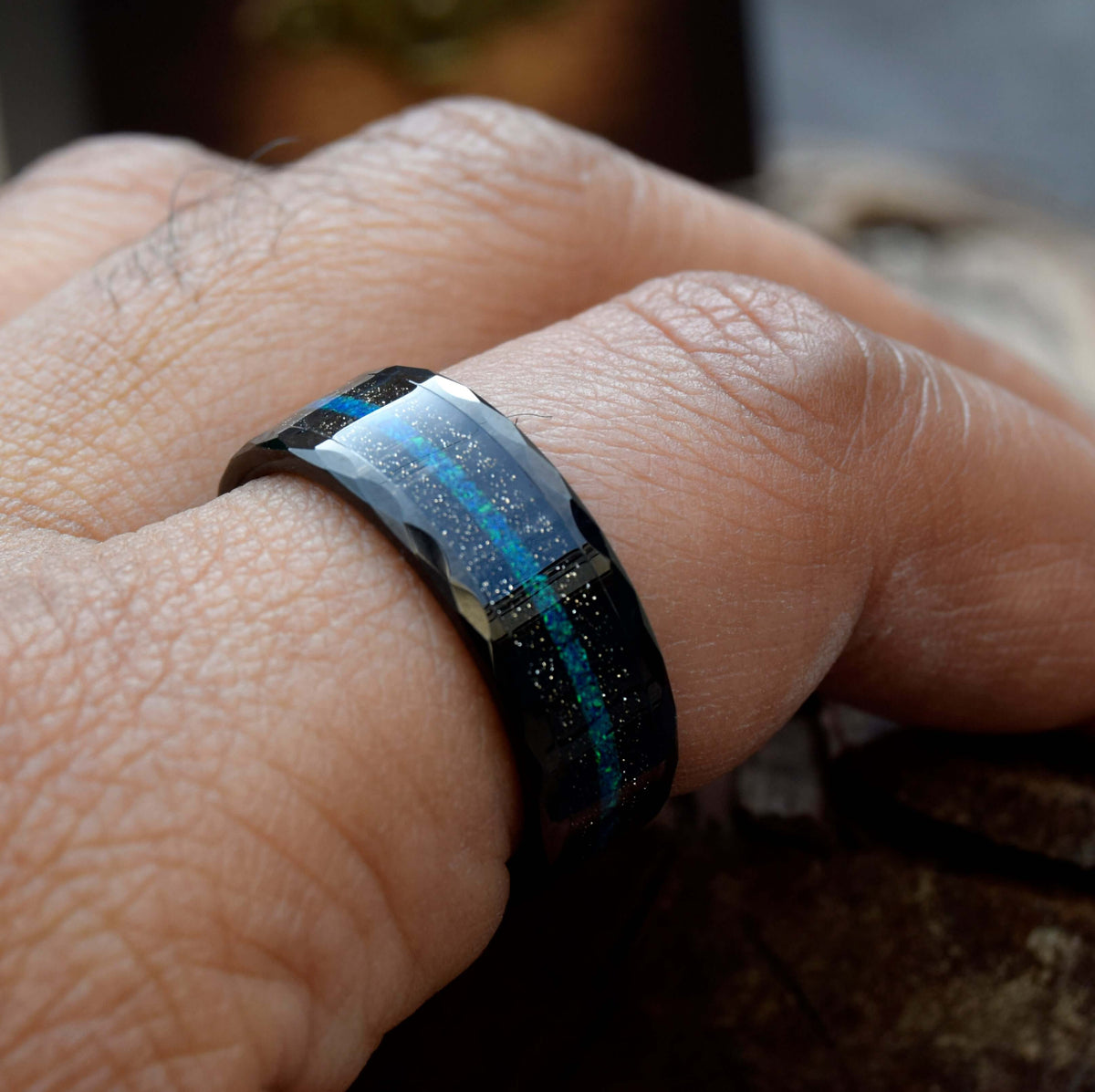 Crushed Green Opal Inlay Tungsten Ring-Mens Tungsten Carbide Ring-The Great Arctic