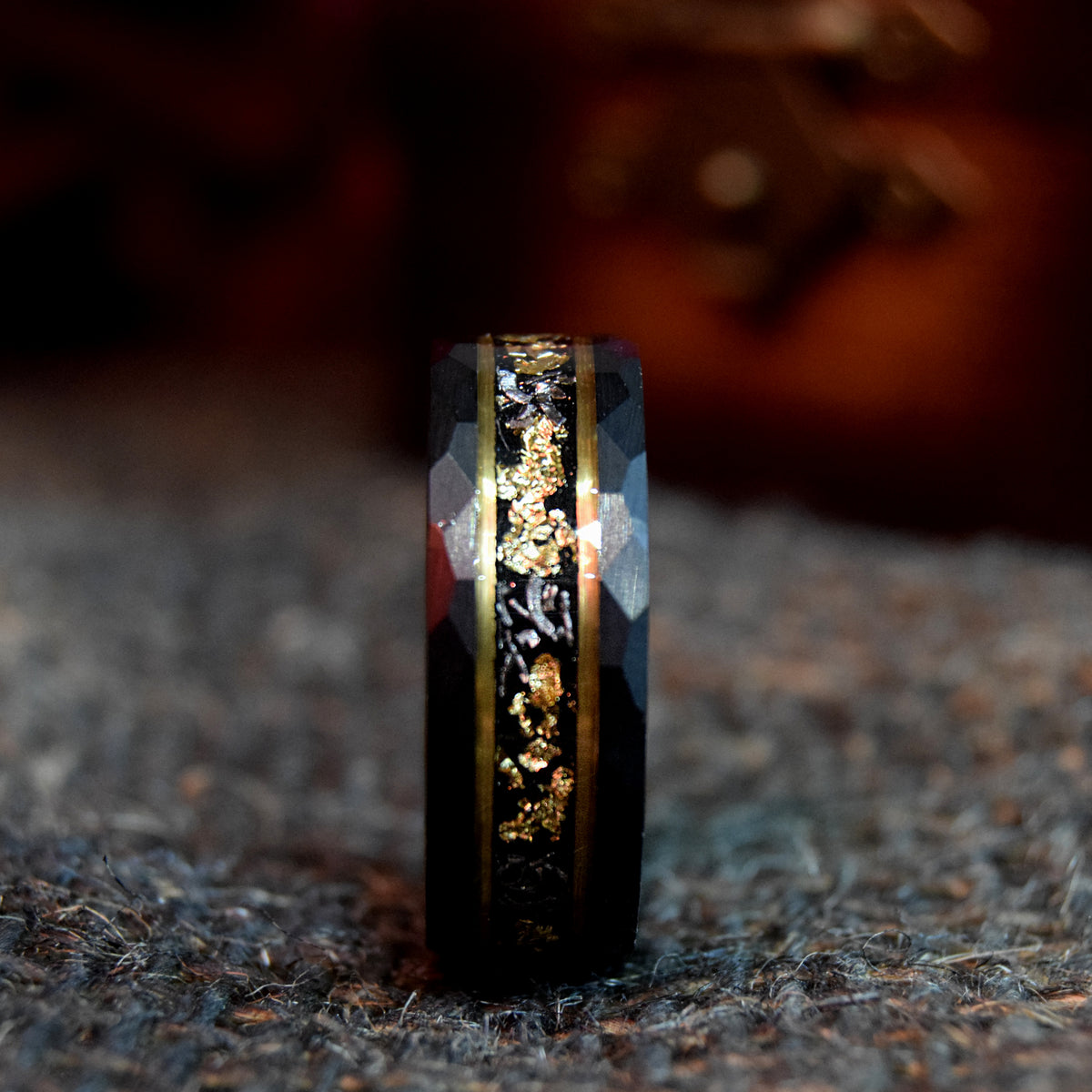 Sandstone Gold Leaf With Meteorite Hammered Finish Tungsten Ring-Mens Tungsten Carbide Ring-The Great Arctic