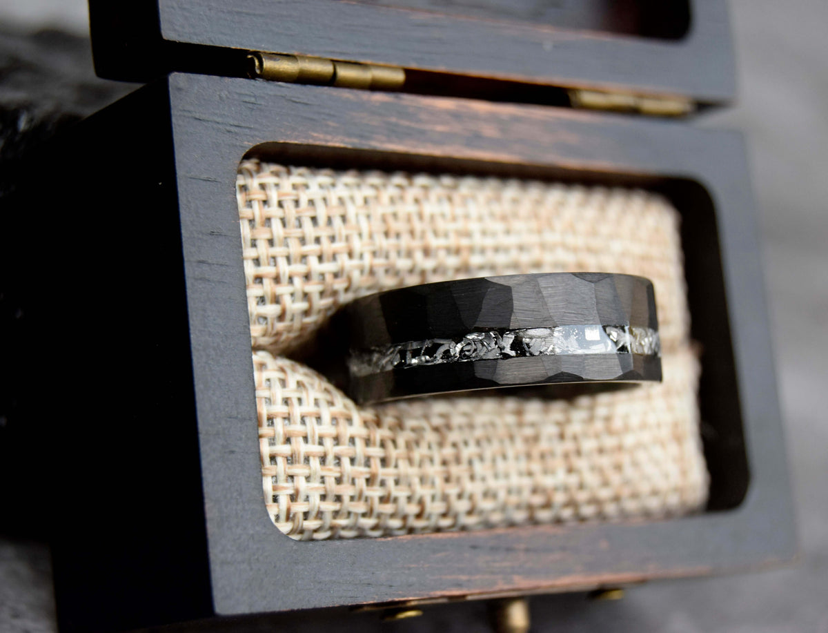 Black Hammered Finished Meteorite Shaving Inlay Tungsten Ring-Mens Tungsten Carbide Ring-The Great Arctic