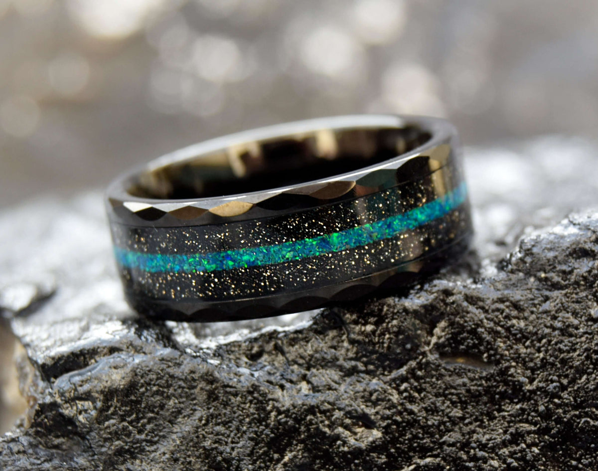 Crushed Green Opal Inlay Tungsten Ring-Mens Tungsten Carbide Ring-The Great Arctic