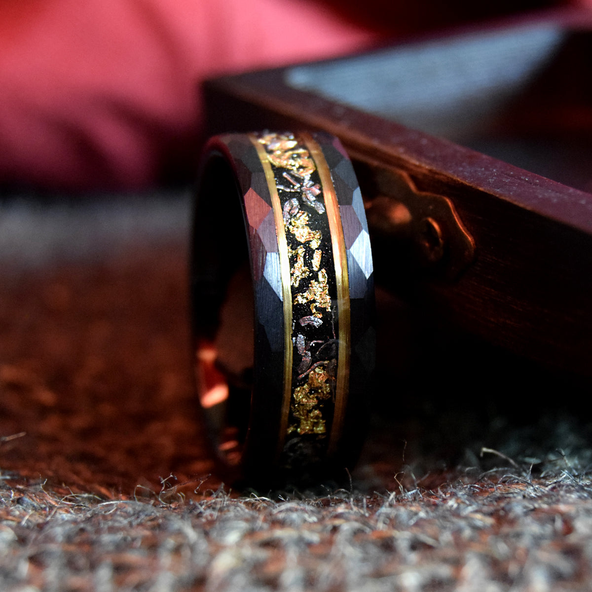 Sandstone Gold Leaf With Meteorite Hammered Finish Tungsten Ring-Mens Tungsten Carbide Ring-The Great Arctic