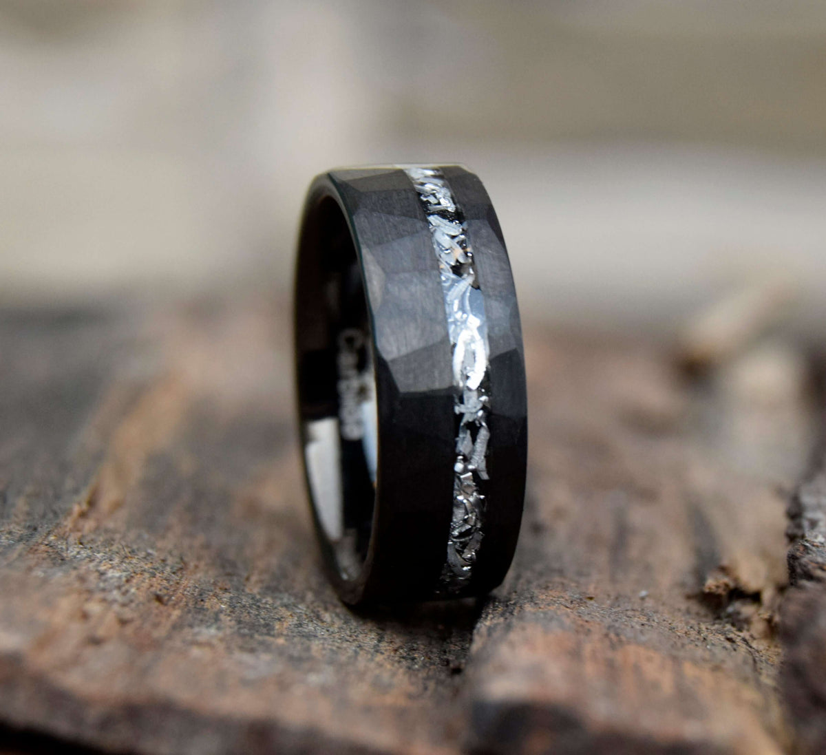 Black Hammered Finished Meteorite Shaving Inlay Tungsten Ring-Mens Tungsten Carbide Ring-The Great Arctic