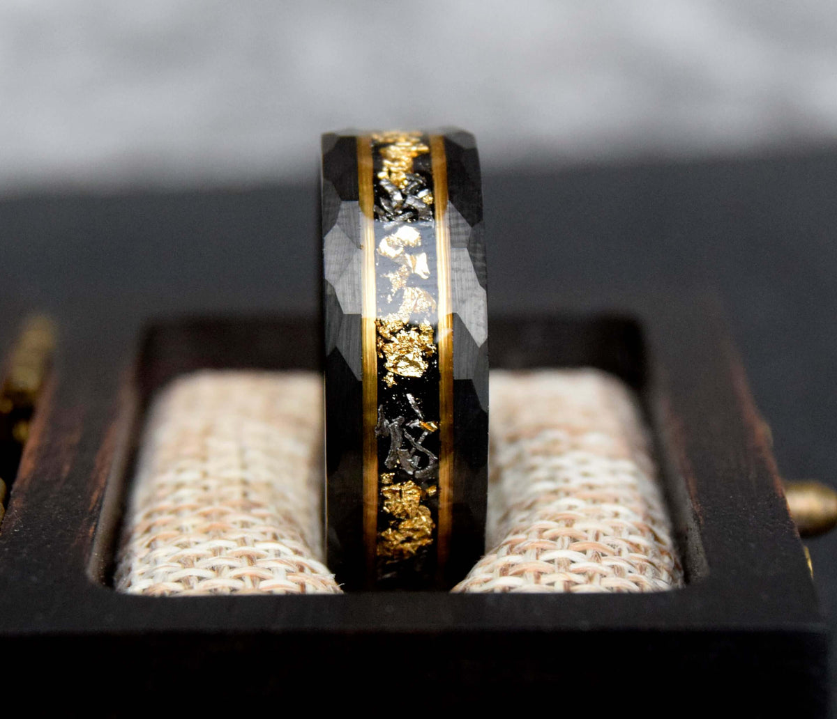 Crushed Meteorite & Gold Leaf flakes Tungsten Ring-Mens Tungsten Carbide Ring-The Great Arctic