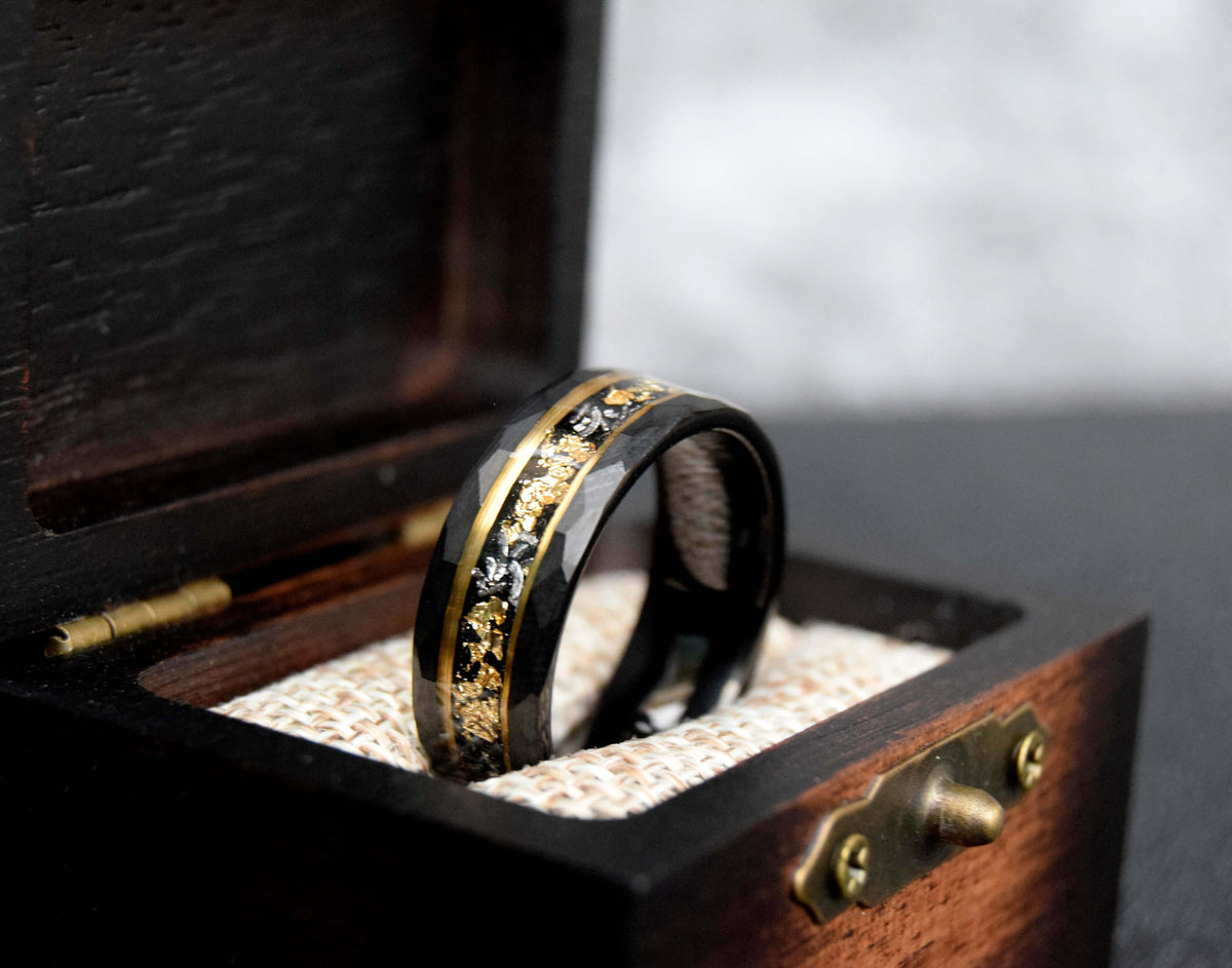 Crushed Meteorite & Gold Leaf flakes Tungsten Ring-Mens Tungsten Carbide Ring-The Great Arctic