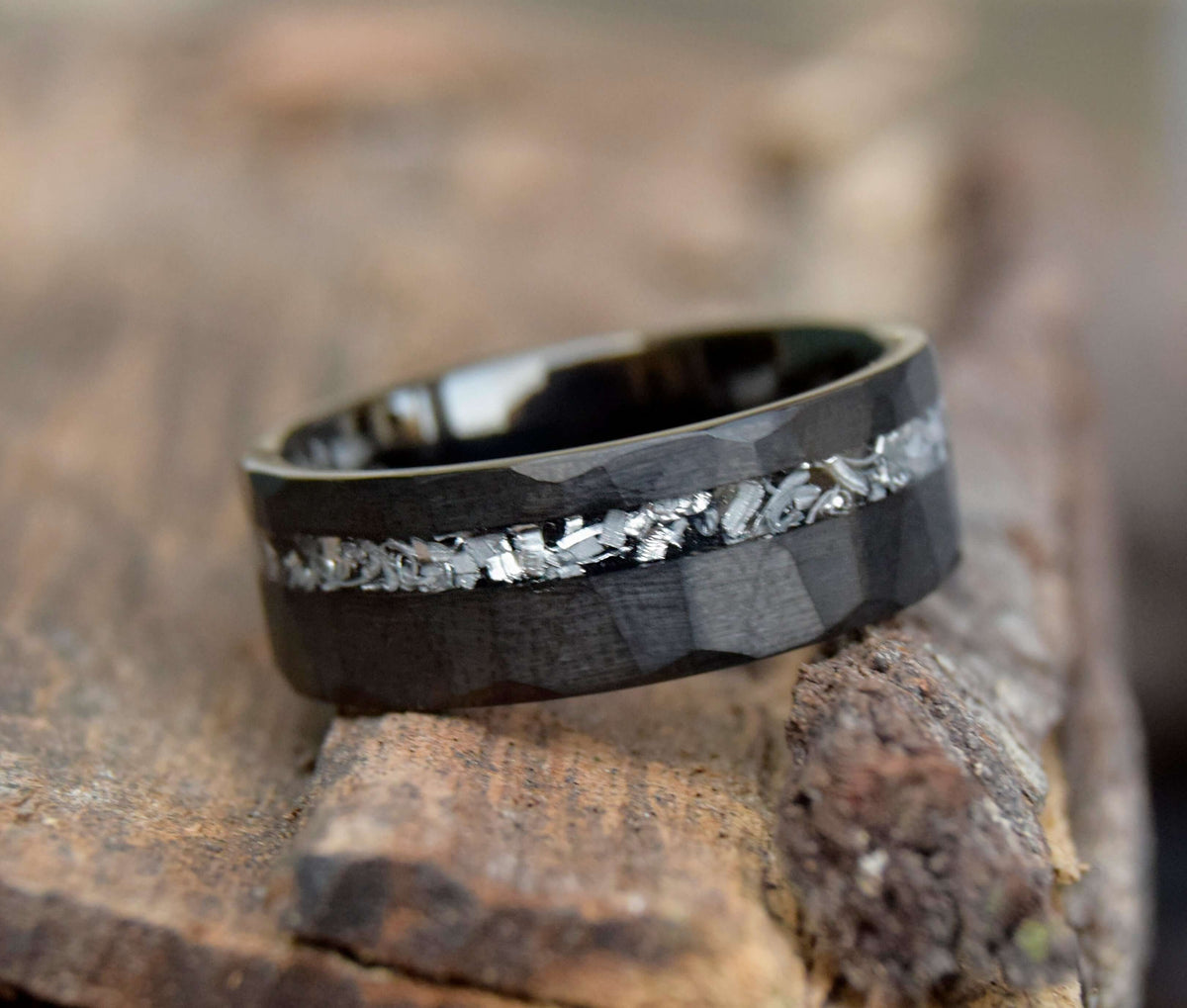 Black Hammered Finished Meteorite Shaving Inlay Tungsten Ring-Mens Tungsten Carbide Ring-The Great Arctic
