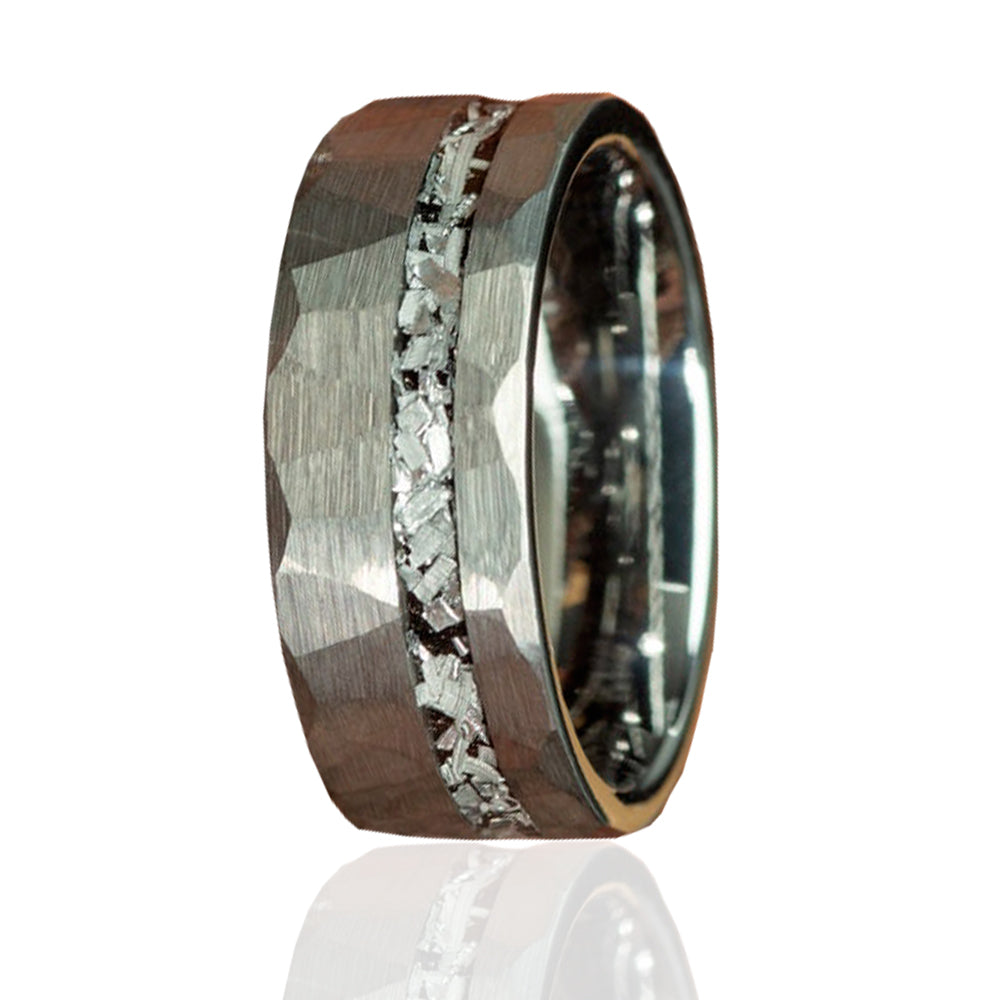TGA Meteorite Shaving Inlay Silver Hammered Promise Ring-Mens Tungsten Carbide Ring-The Great Arctic